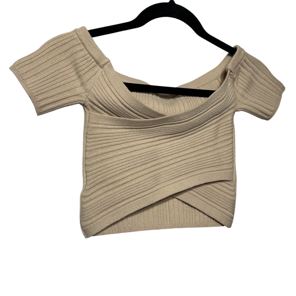 Aerie Ribbed Off The Shoulder Crossover Wrap Crop Top Beige Sz XS NWT